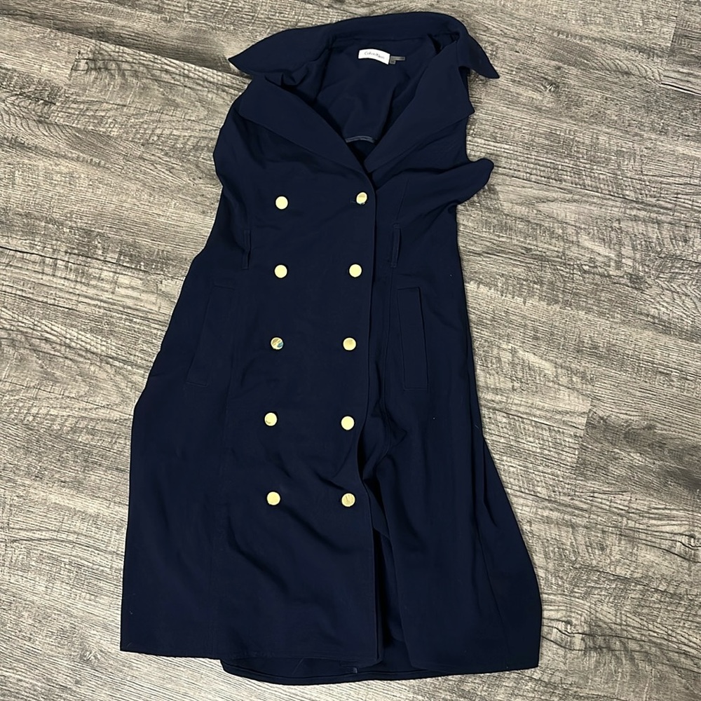 Calvin Klein - Size 10 Navy, Collared Dress. Gold accents.